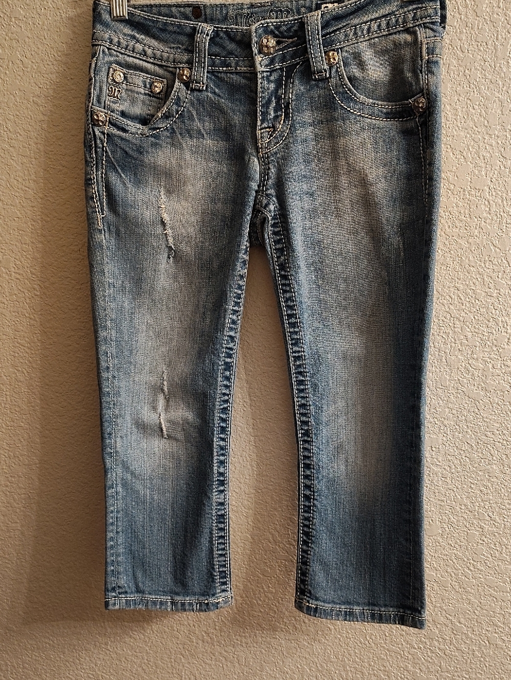 Miss Me Faded Blue Bling Ryan Stones Studs Capri Denim Jeans Light Distressing